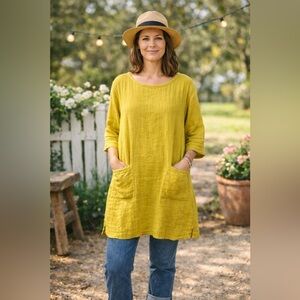 Eileen Fisher Organic Cotton Boat Neck Tunic Gauze Dress in Yellow - Size SP